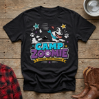 Black t-shirt with "Camp Zoomie Outdoor Chaos Program" text and a cartoon dog.