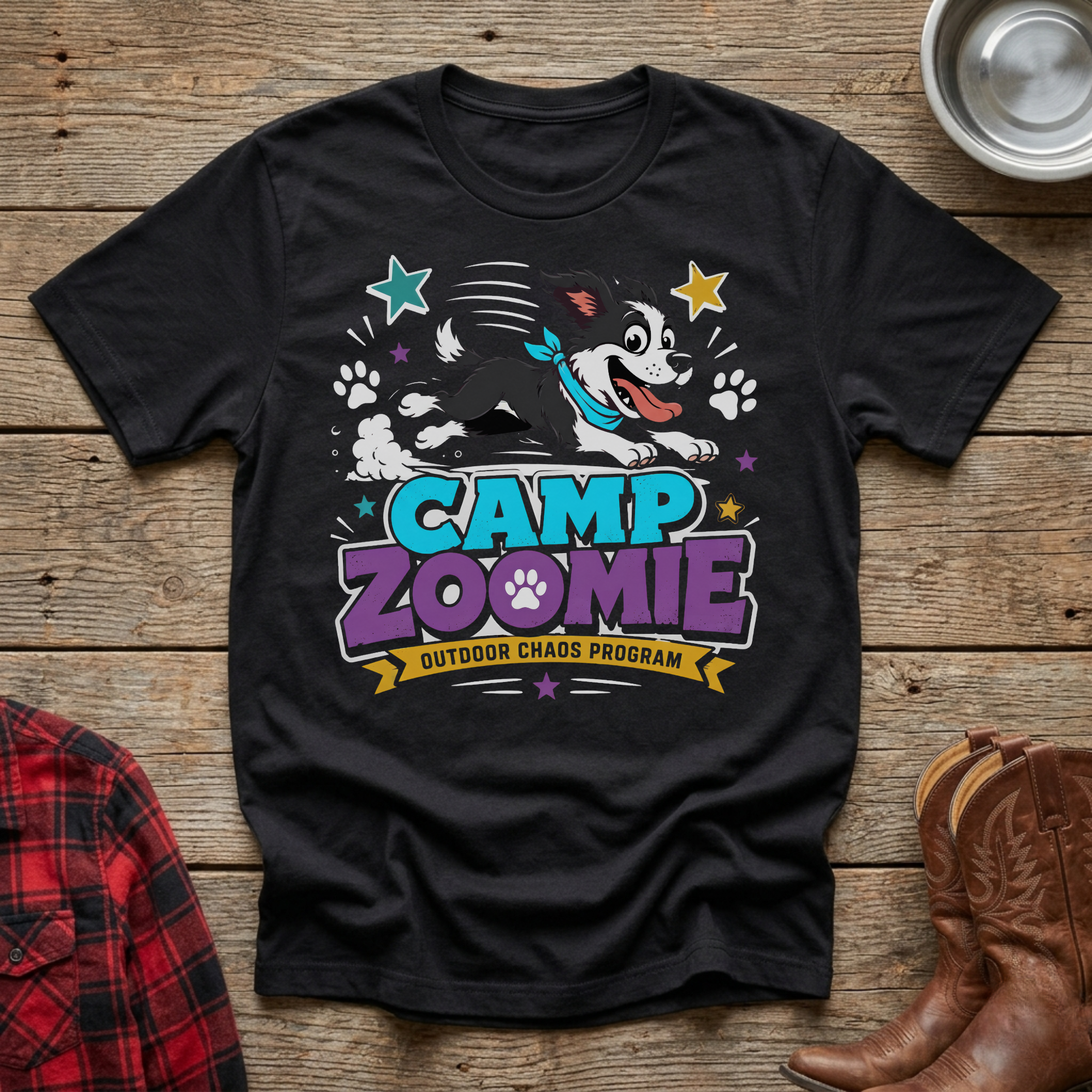 Black t-shirt with "Camp Zoomie Outdoor Chaos Program" text and a cartoon dog.