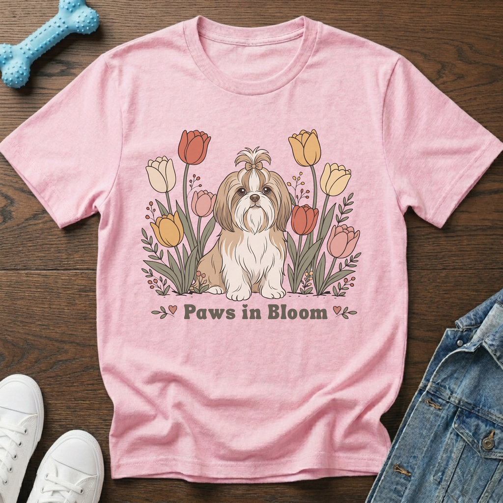 Pink t-shirt with a Shih Tzu dog sitting among tulips, text reads "Paws in Bloom".