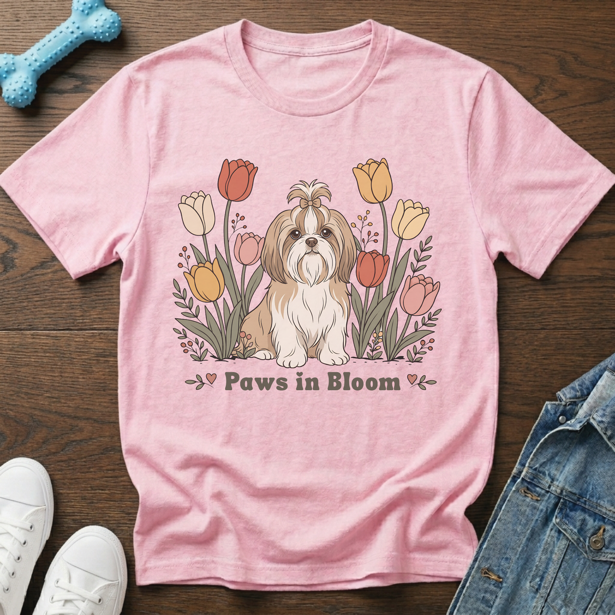 Pink t-shirt with a Shih Tzu dog sitting among tulips, text reads "Paws in Bloom".