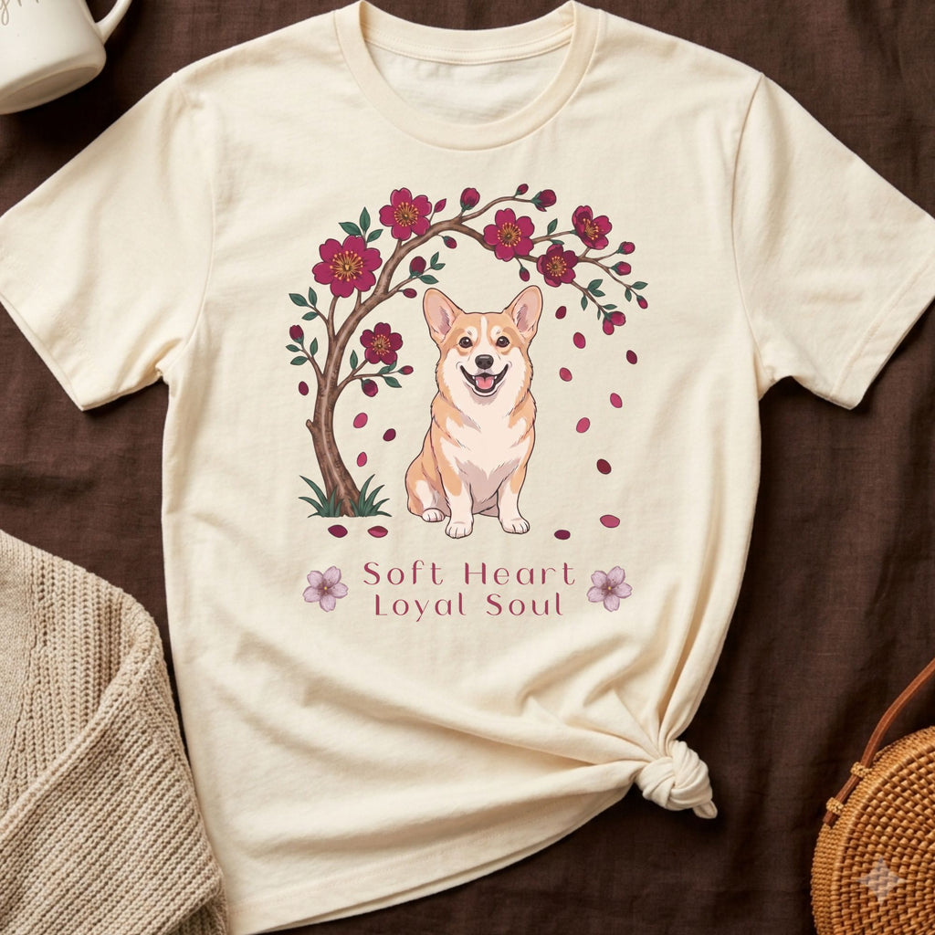 Cream t-shirt with a corgi sitting under a blooming tree with text "Soft Heart Loyal Soul".