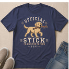 Navy t-shirt with "Official Stick Transportation Dept" text and a golden retriever carrying a stick.