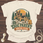 German Shepherd relaxing in a chair with "Dog Parent Social Club" text.