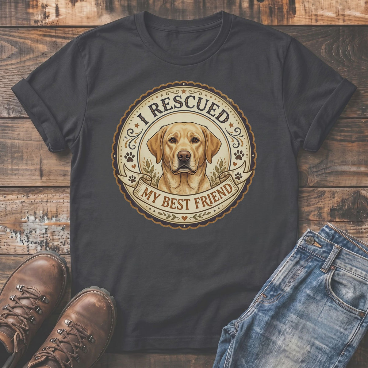 Labrador dog graphic with text "I RESCUED MY BEST FRIEND" on a t-shirt.