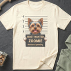 Cream t-shirt with a Yorkshire Terrier mugshot graphic and the text "Most Wanted Zoomie Reckless Speeding".