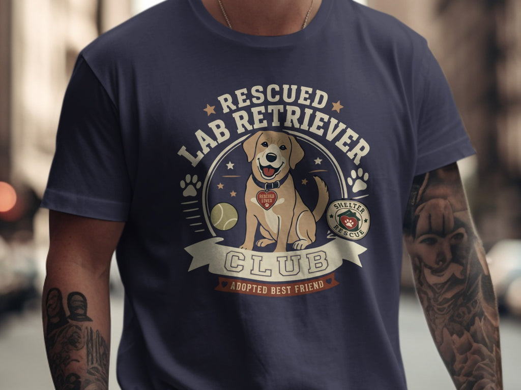 Lab Retriever Club graphic with happy dog and text: Rescued Lab Retriever Club, Adopted Best Friend.
