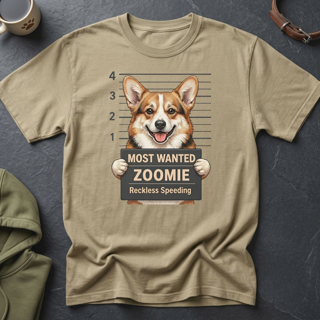 Corgi mugshot on tan t-shirt, "MOST WANTED ZOOMIE Reckless Speeding" text.