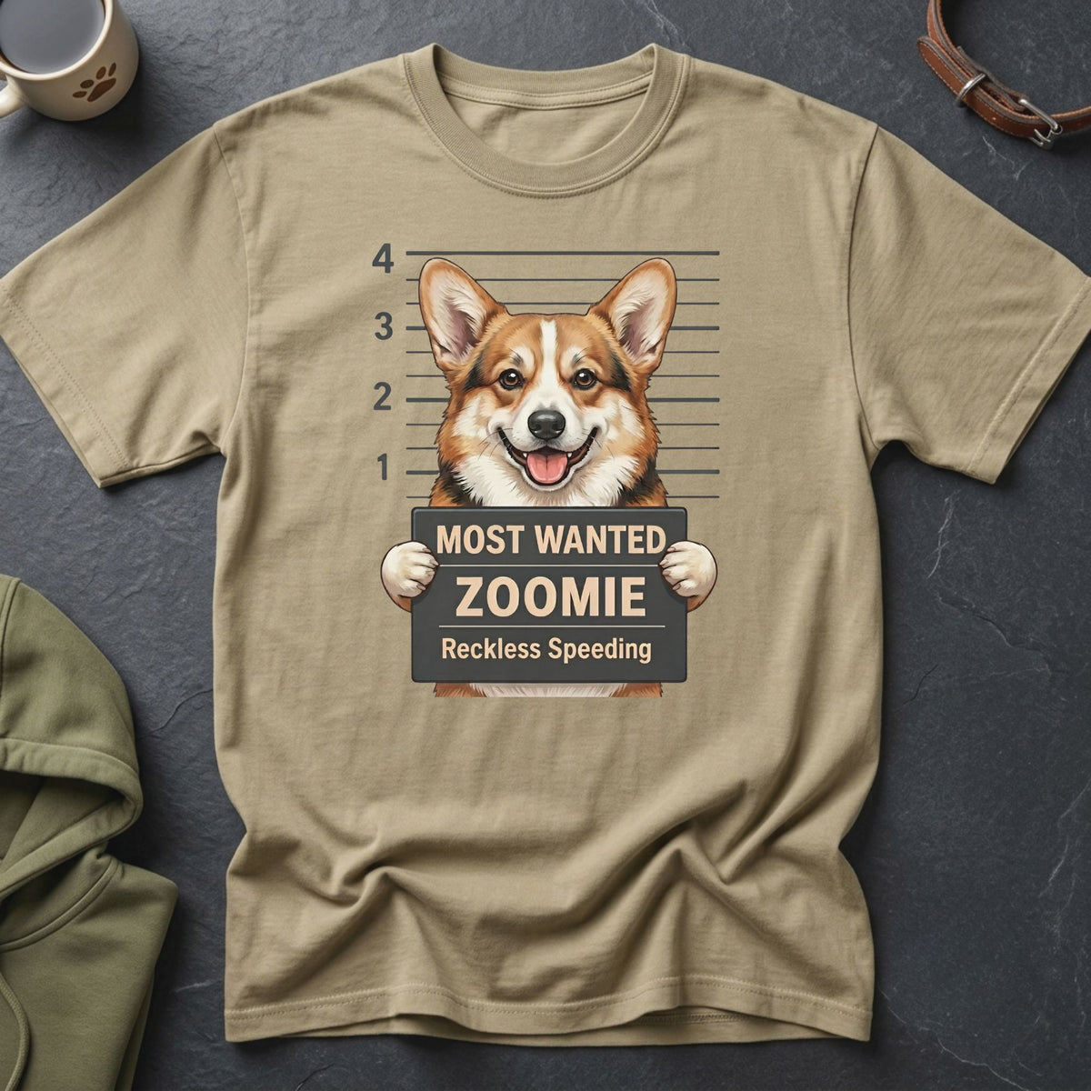 Corgi mugshot on tan t-shirt, "MOST WANTED ZOOMIE Reckless Speeding" text.