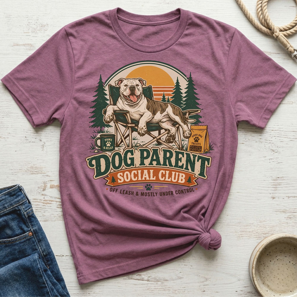 Dog sitting in a camping chair, text reads "Dog Parent Social Club".