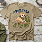 Chihuahua with stick running on dirt, text "TRAILHEAD ZOOMIES"
