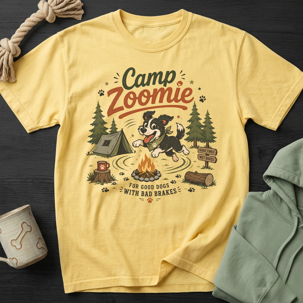 Yellow t-shirt with "Camp Zoomie" and a dog by a campfire.