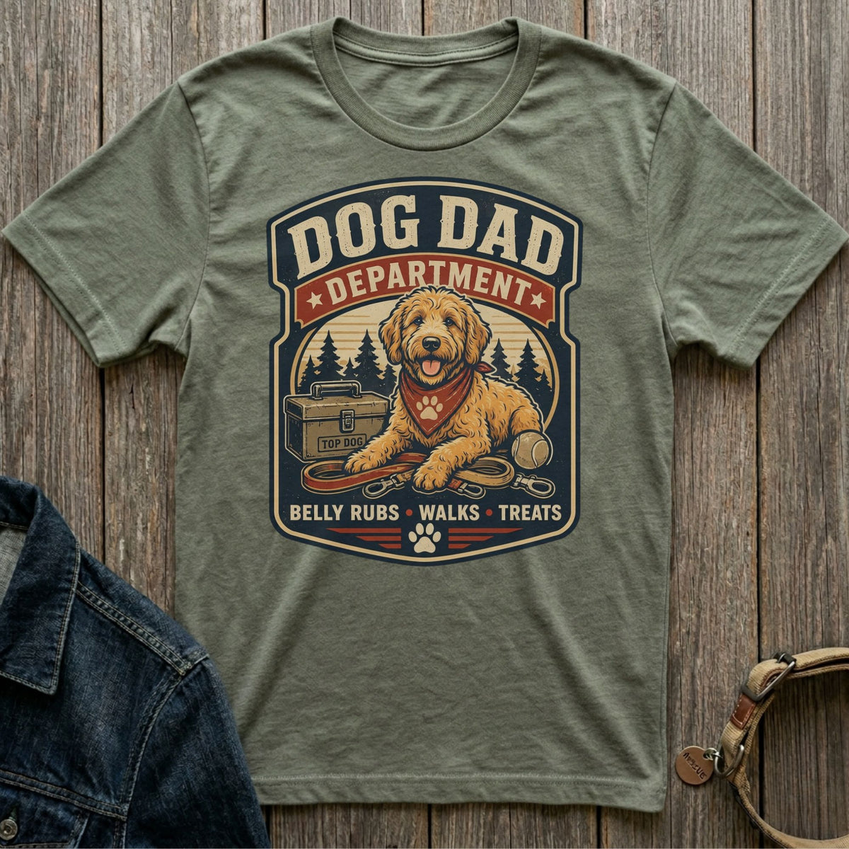 Dog Dad Department graphic with a dog, leash, ball, and toolbox.