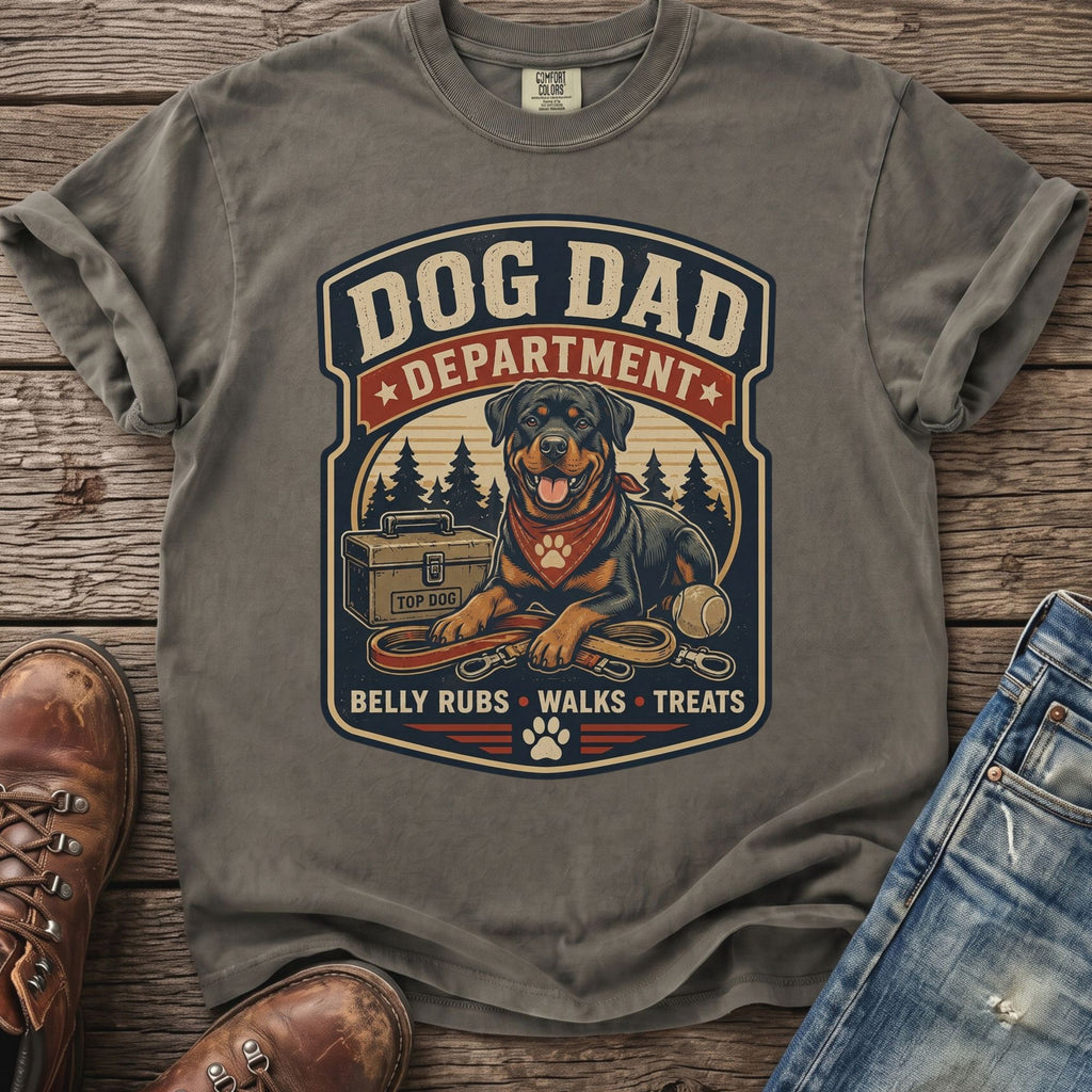 Rottweiler dog with bandana on a t-shirt that reads "Dog Dad Department".