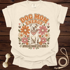 Cream t-shirt with English Bulldog, flowers, and text "Dog Mom Energy".