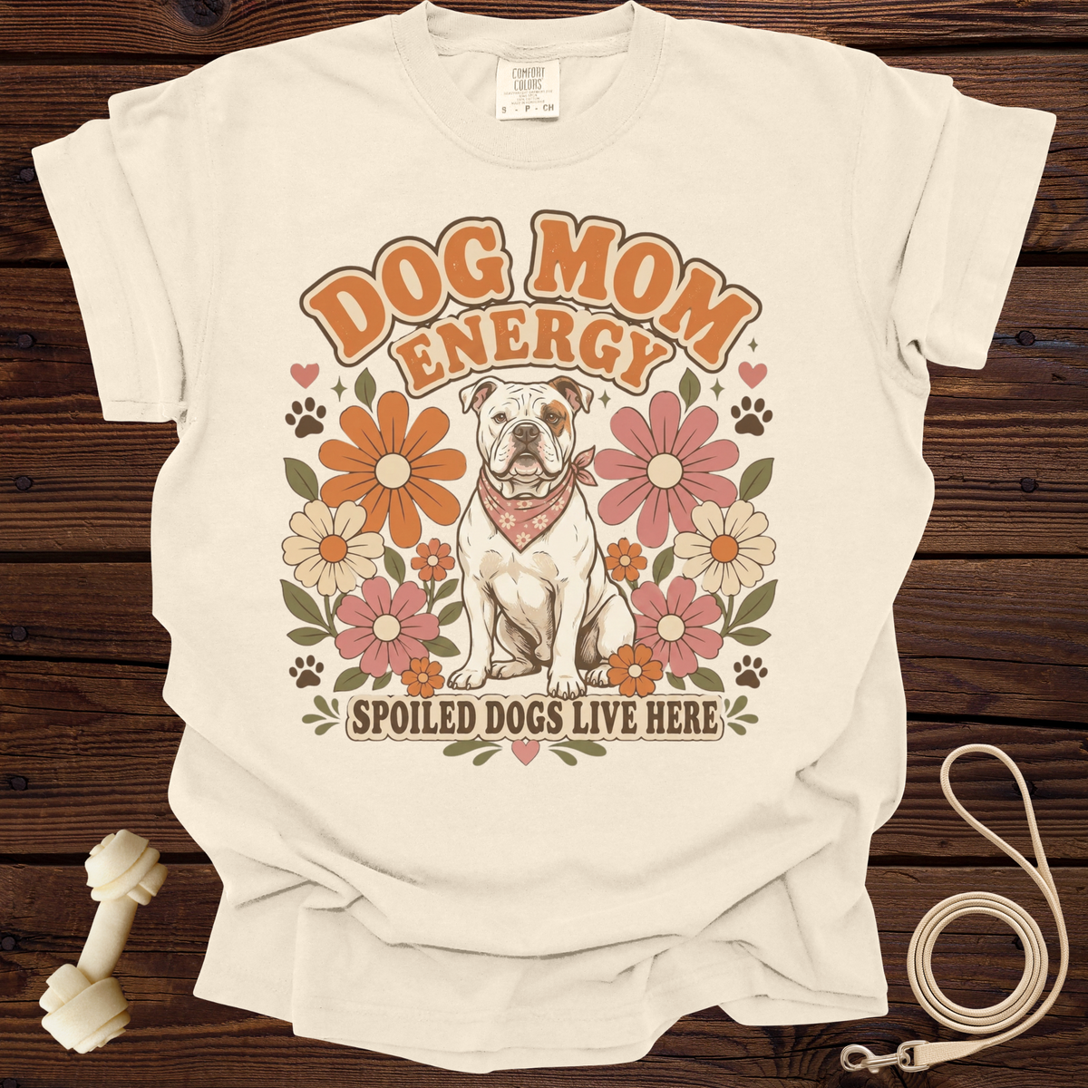 Cream t-shirt with English Bulldog, flowers, and text "Dog Mom Energy".